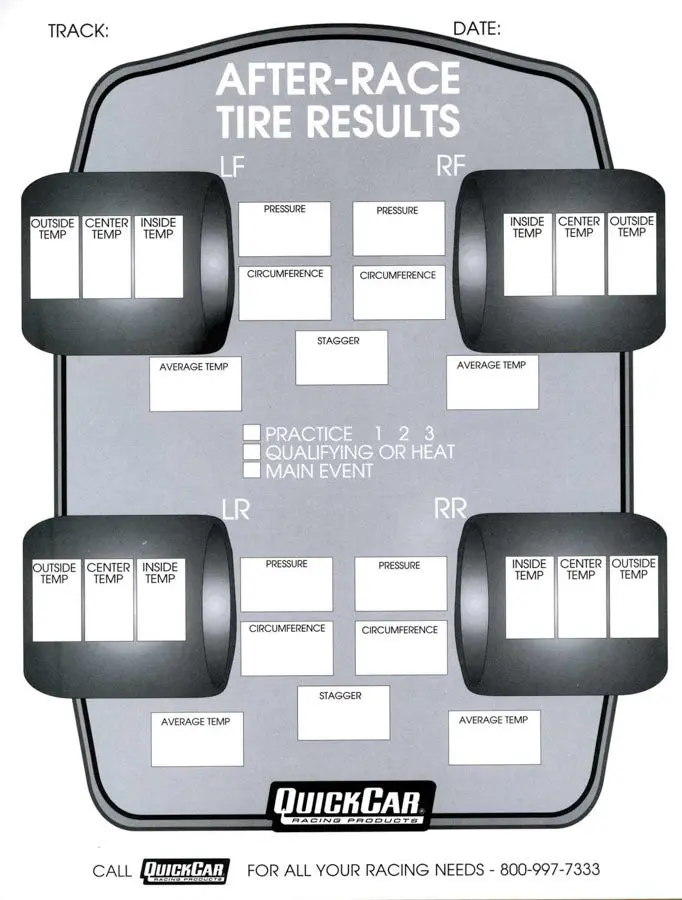 Quickcar Racing Tire Setup Forms – After-Race Alignment And Pressure Documentation Sheets (50-Pack, Model #51-215) 1